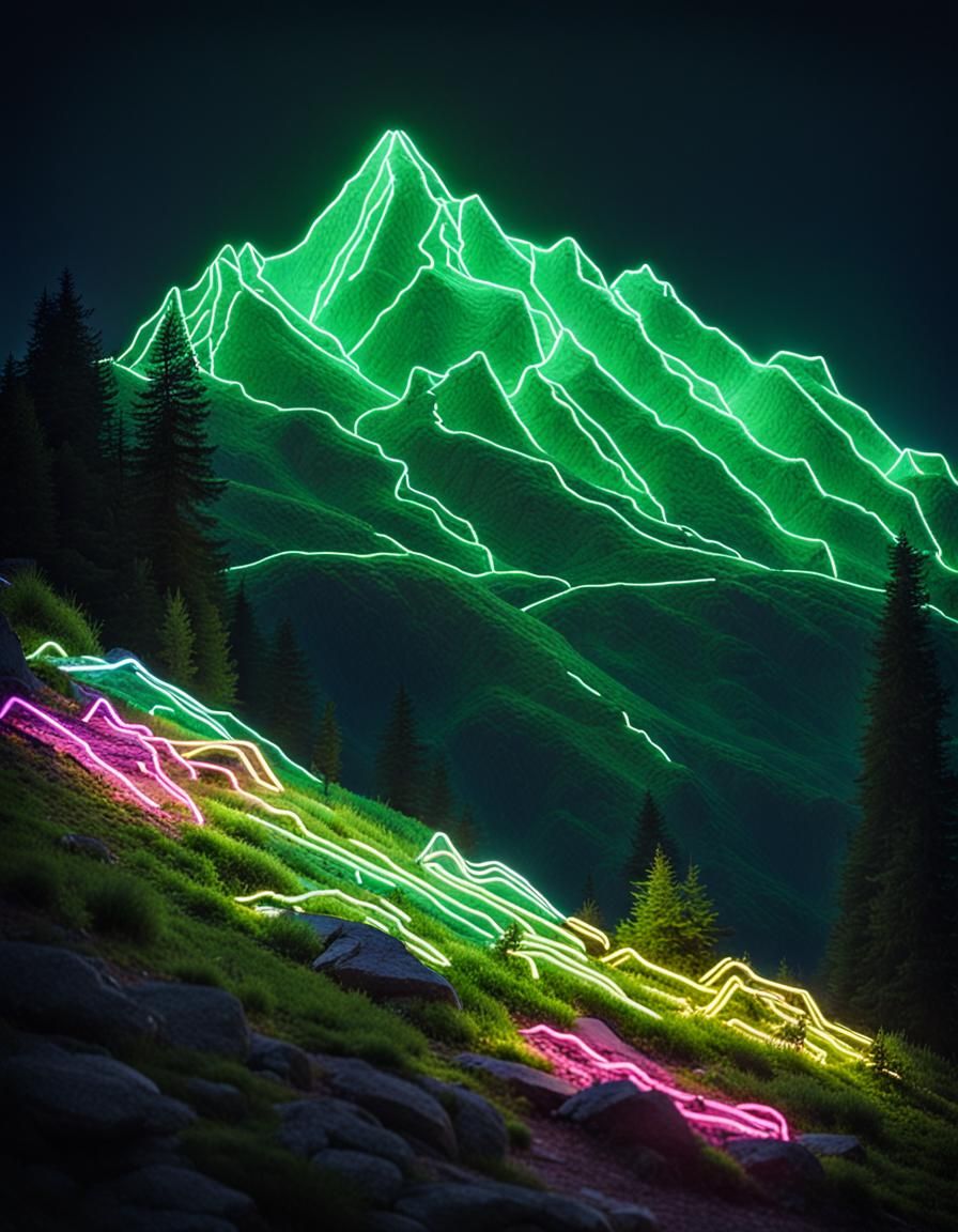Neon Alpine Mountain Sculpture in Electric Green and White