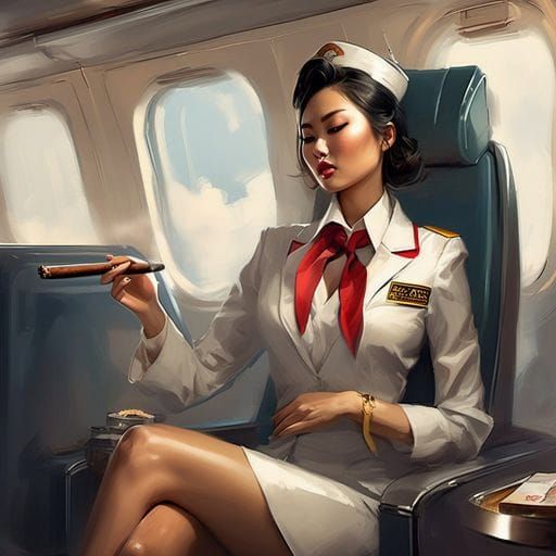 Beautiful Asian Stewardess Smoking Cigar in Ink Splash Art