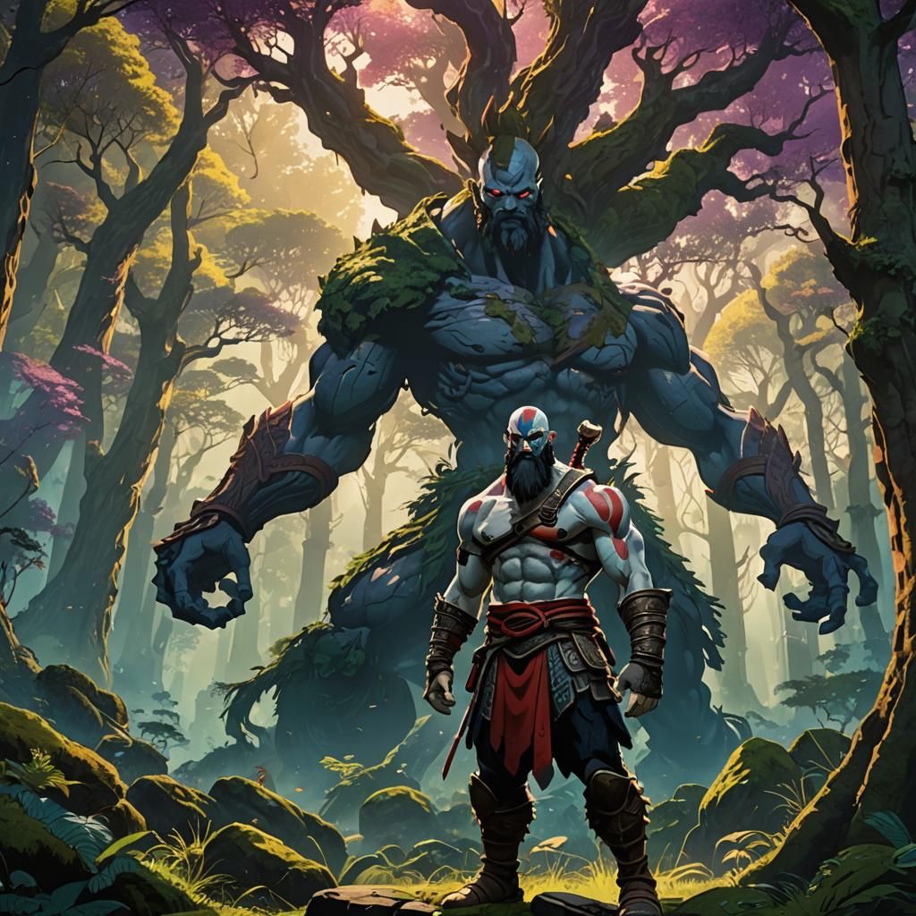 Kratos in Anime Style Forest, Ghibli-Inspired