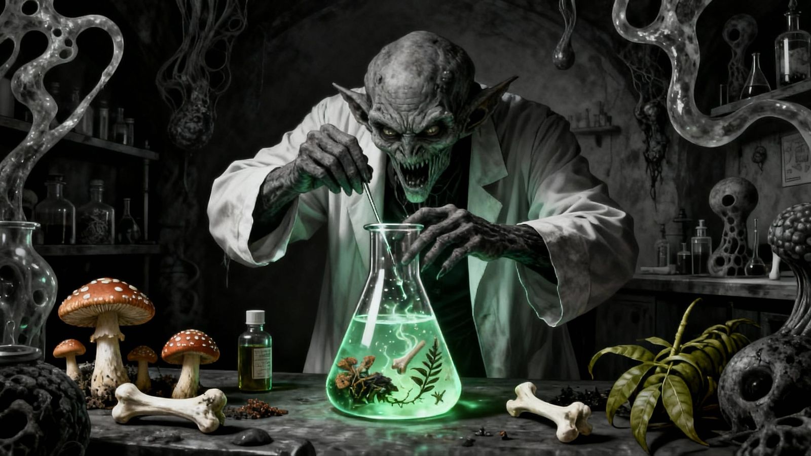 Cryptid Scientist Brews Magical Potion in Lab