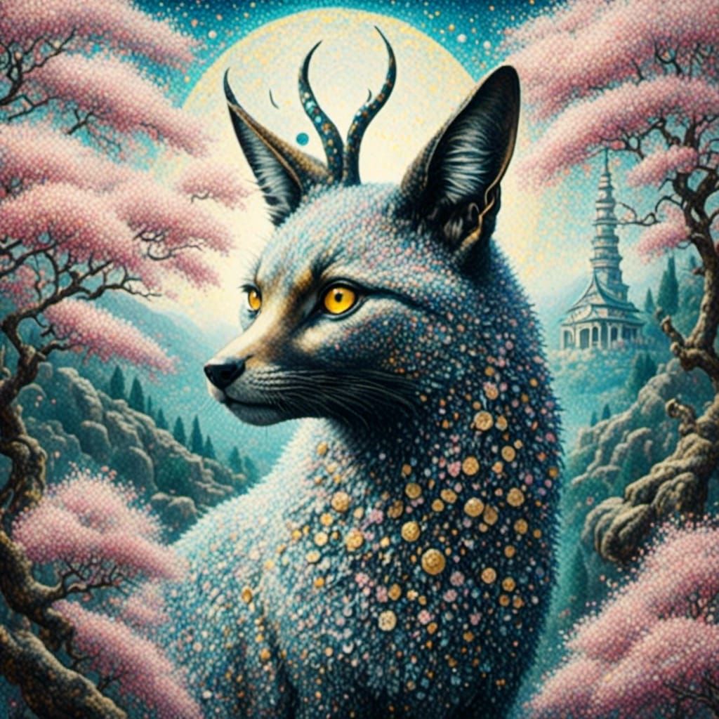 Nine-Tailed Kitsune in Japanese Watercolor Painting