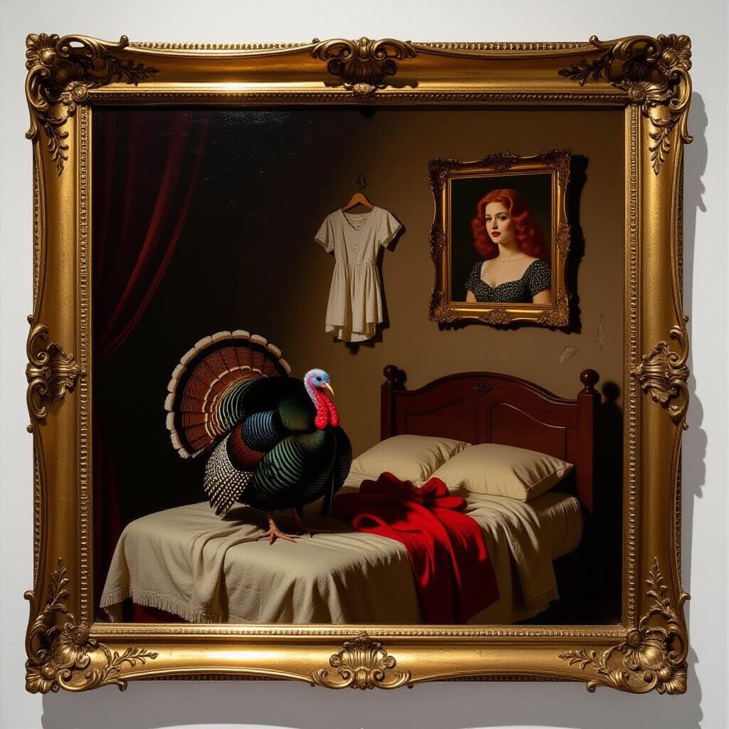 Turkey in Bedroom: Italian Realist Oil Painting