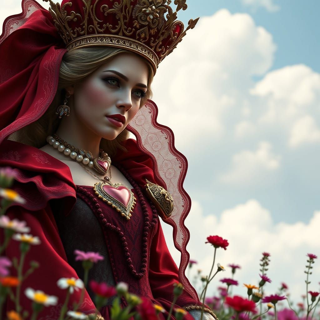 Regal Heart Queen in Vibrant Fantasy Landscape