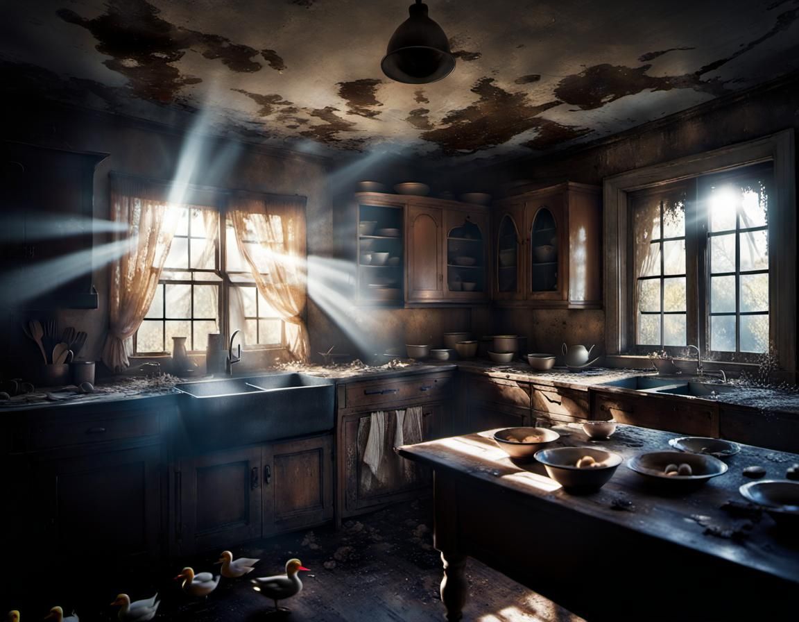 Ducks in Abandoned Kitchen: Creepy Cinematic Scene