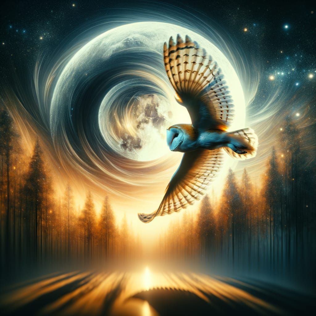 Barn Owl Gliding Past Radiant Moon in Dreamy Blur