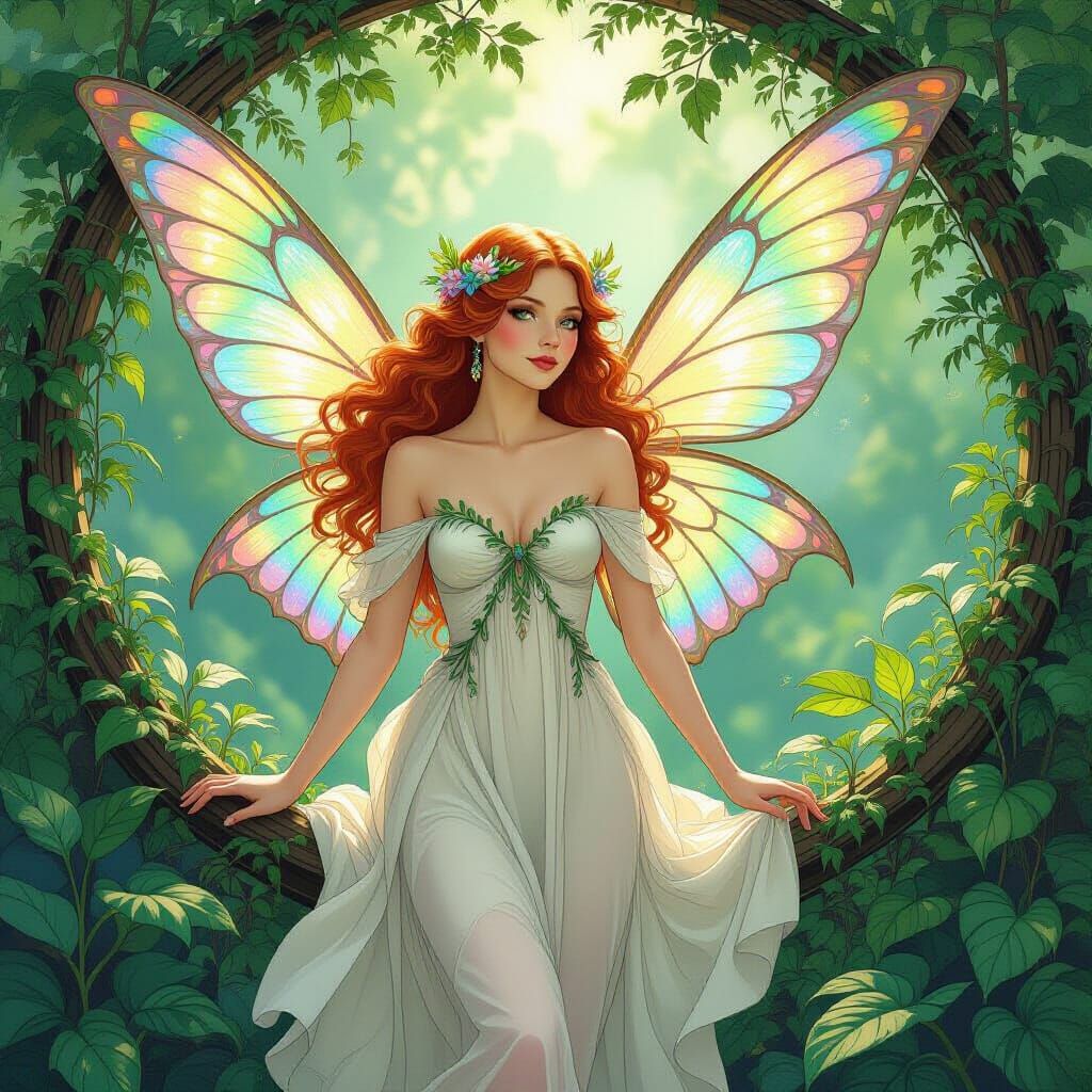 Whimsical Fairy in Lush Greenery, Art Nouveau Elegance