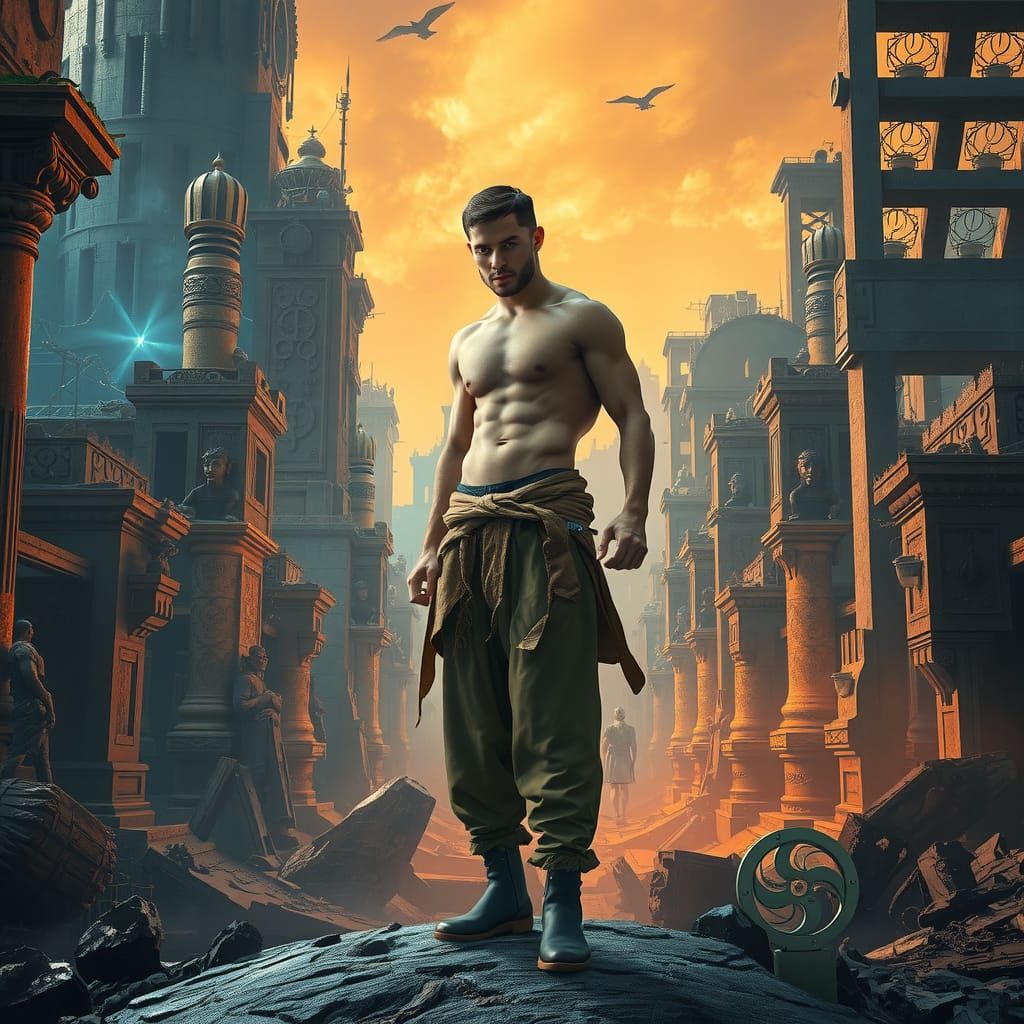 Heroic Figure in Ruined Cityscape: Hyper-Realistic 8k