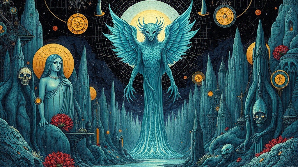 Ethereal Aquamarine Entity in Surreal Art Deco Landscape