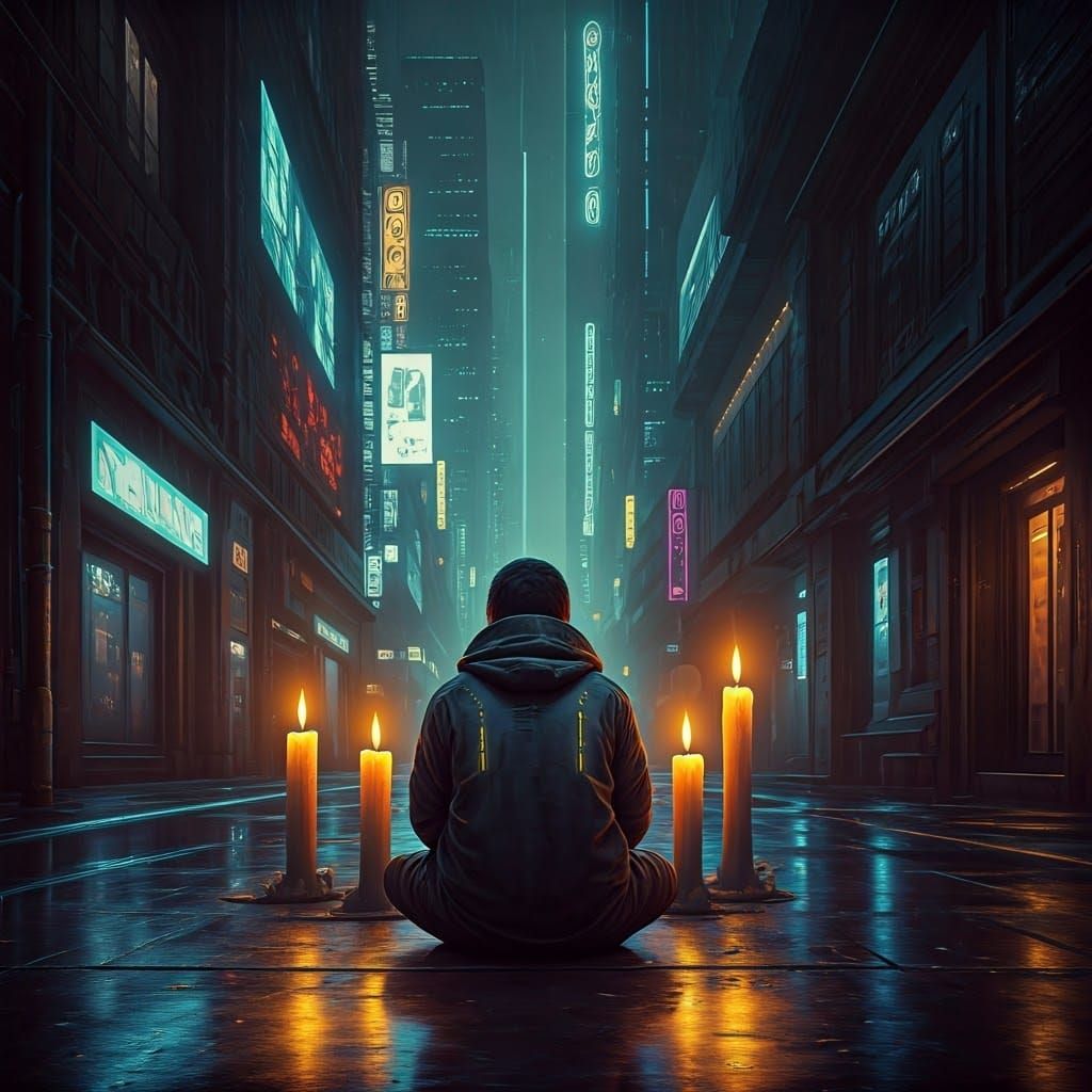 Cyberpunk Advent Scene with Neon Candles