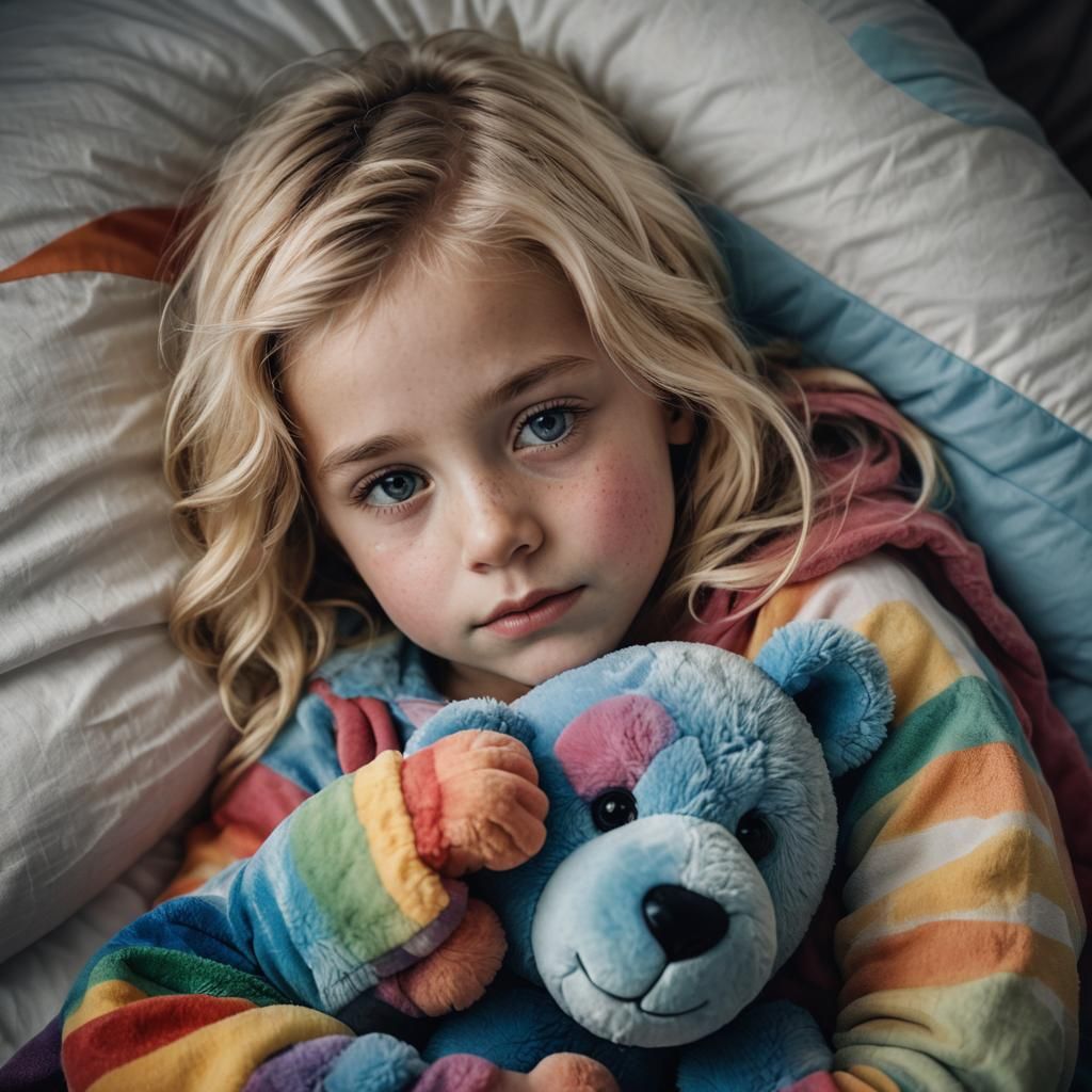 Girl Snuggles Teddy Bear in Feather Bed