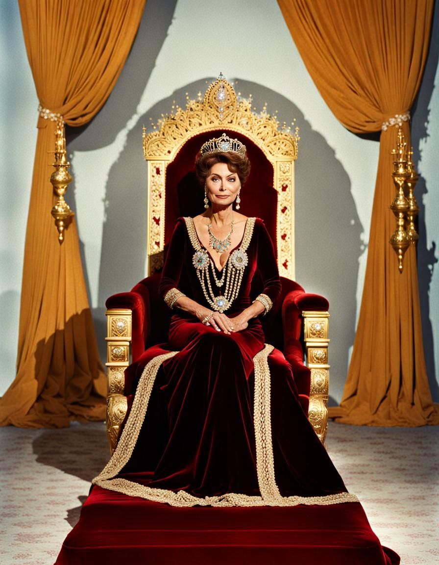 Sophia Loren on Golden Throne in Velvet Dress