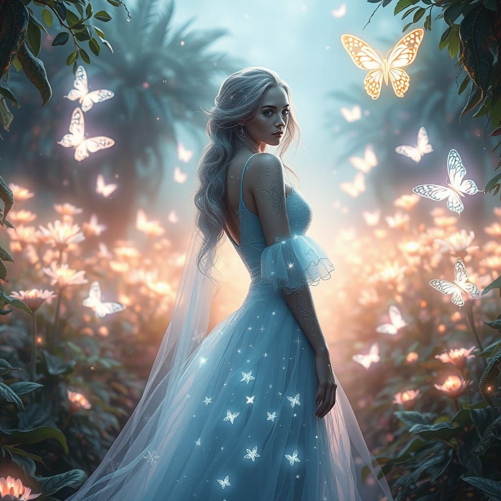 Starlight Haired Woman in a Futuristic Garden
