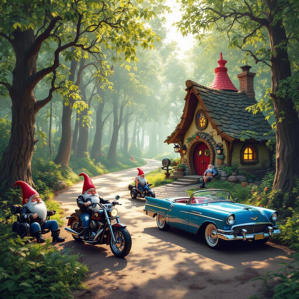 Gnomes on Motorcycles and in Convertibles in a Vibrant Fores...