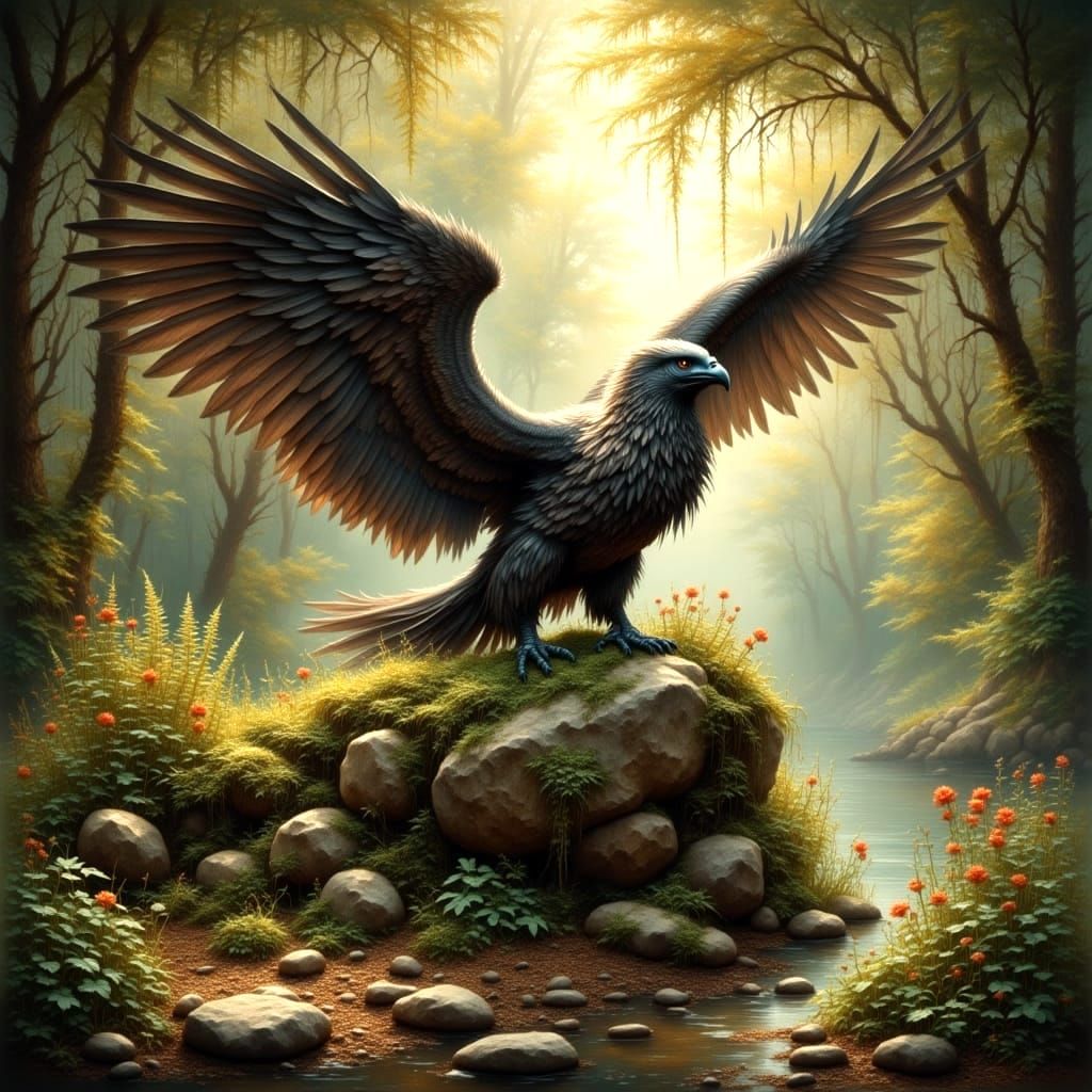 Majestic Griffin in Sun-Dappled Forest Clearing