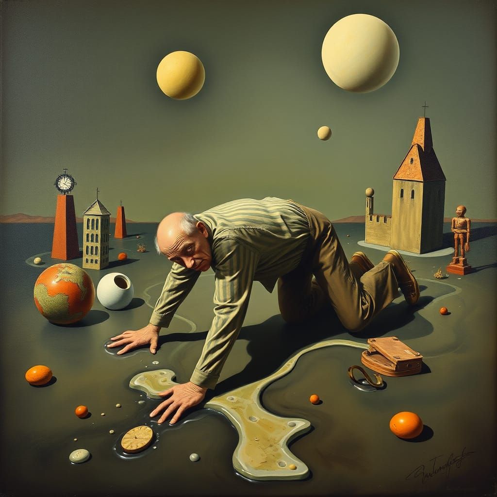 Distorted Surrealist Crawling Figure in Dreamlike Scene