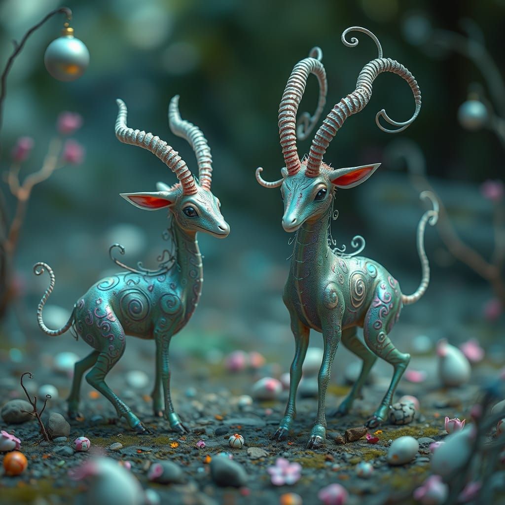 Fantastical Gyroscopic Ungulates in Surreal Dreamscape