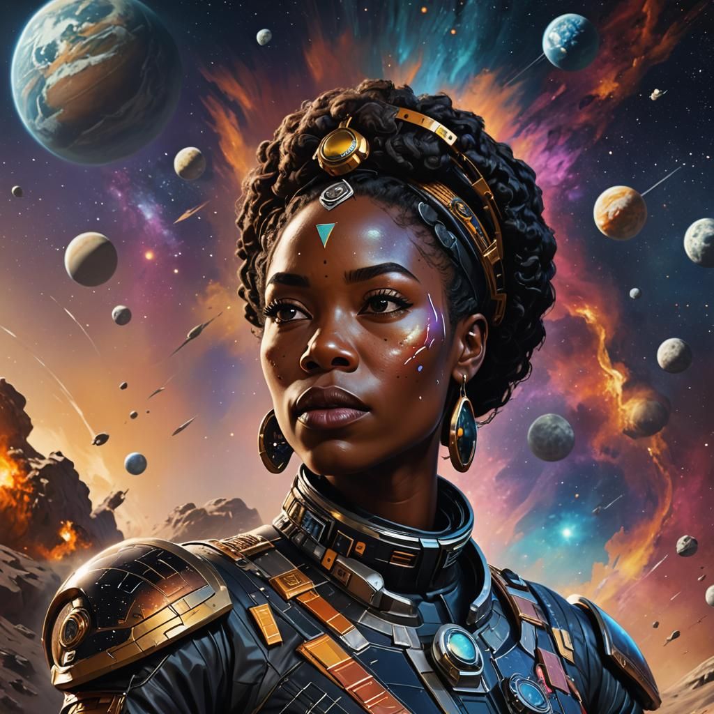 African Queen Leads Space Exploration: Hyperrealistic Art
