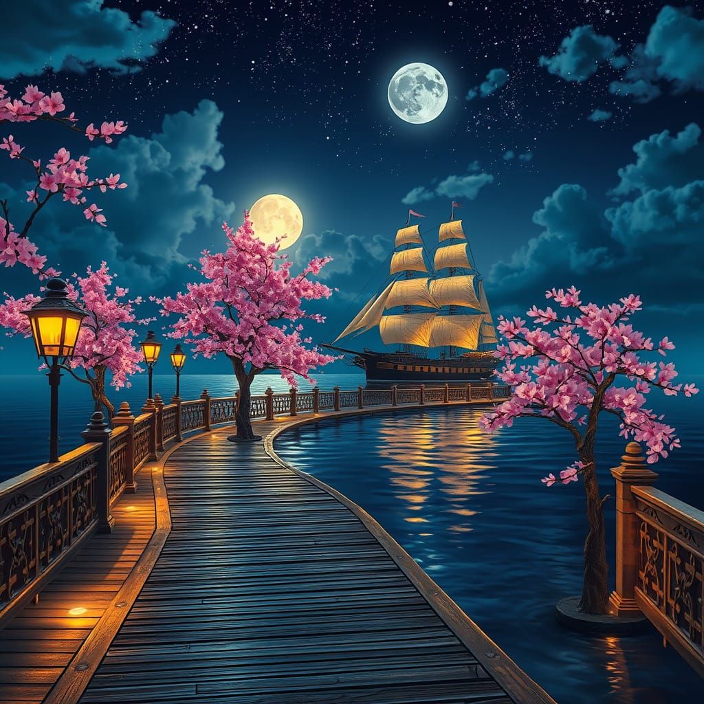 Surreal Nighttime Scene with Whimsical Woodland and Majestic...