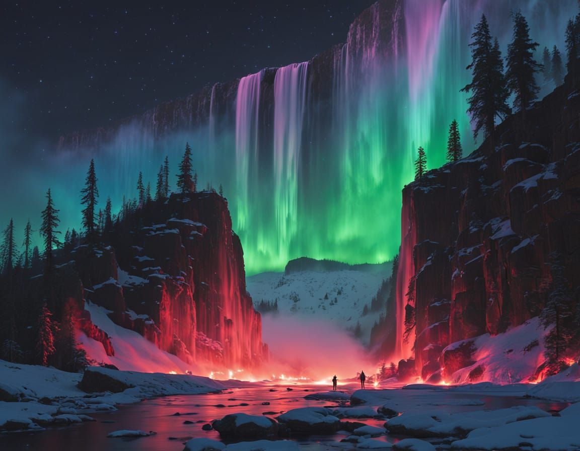 Ethereal Waterfall Illuminated by Aurora Borealis