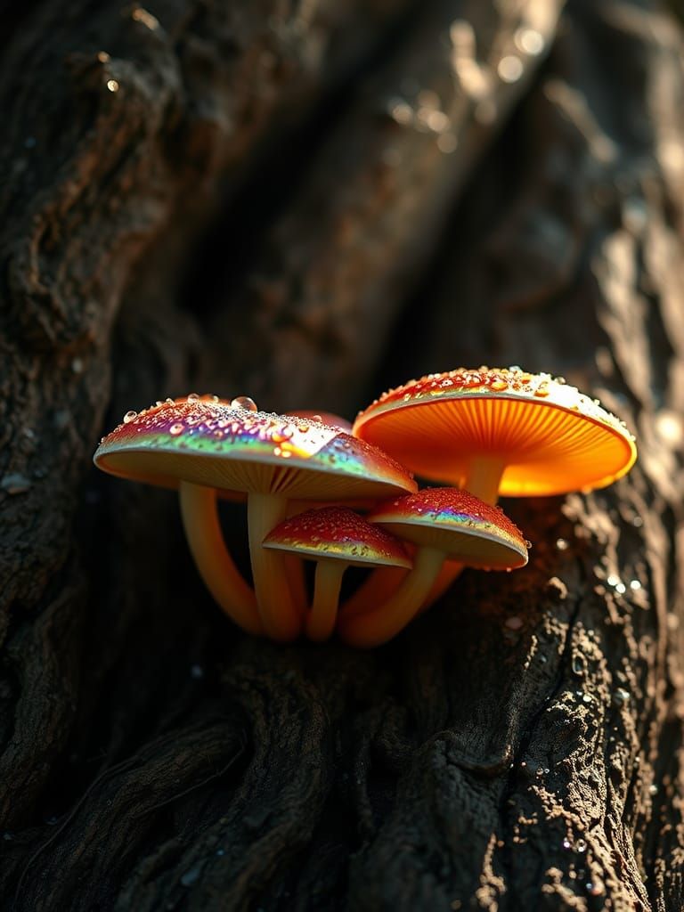 Iridescent Mushrooms Bathed in Sunlight: Hypermaximalist Ren...