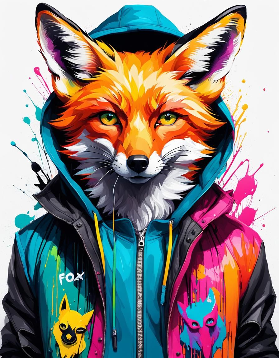 Colorful Hipster Fox Portrait in Graffiti Art Style