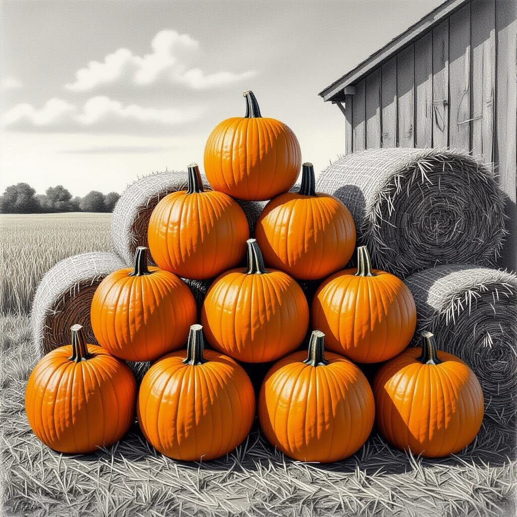 Hyperdetailed Charcoal Drawing of Pumpkins and Hay Bales