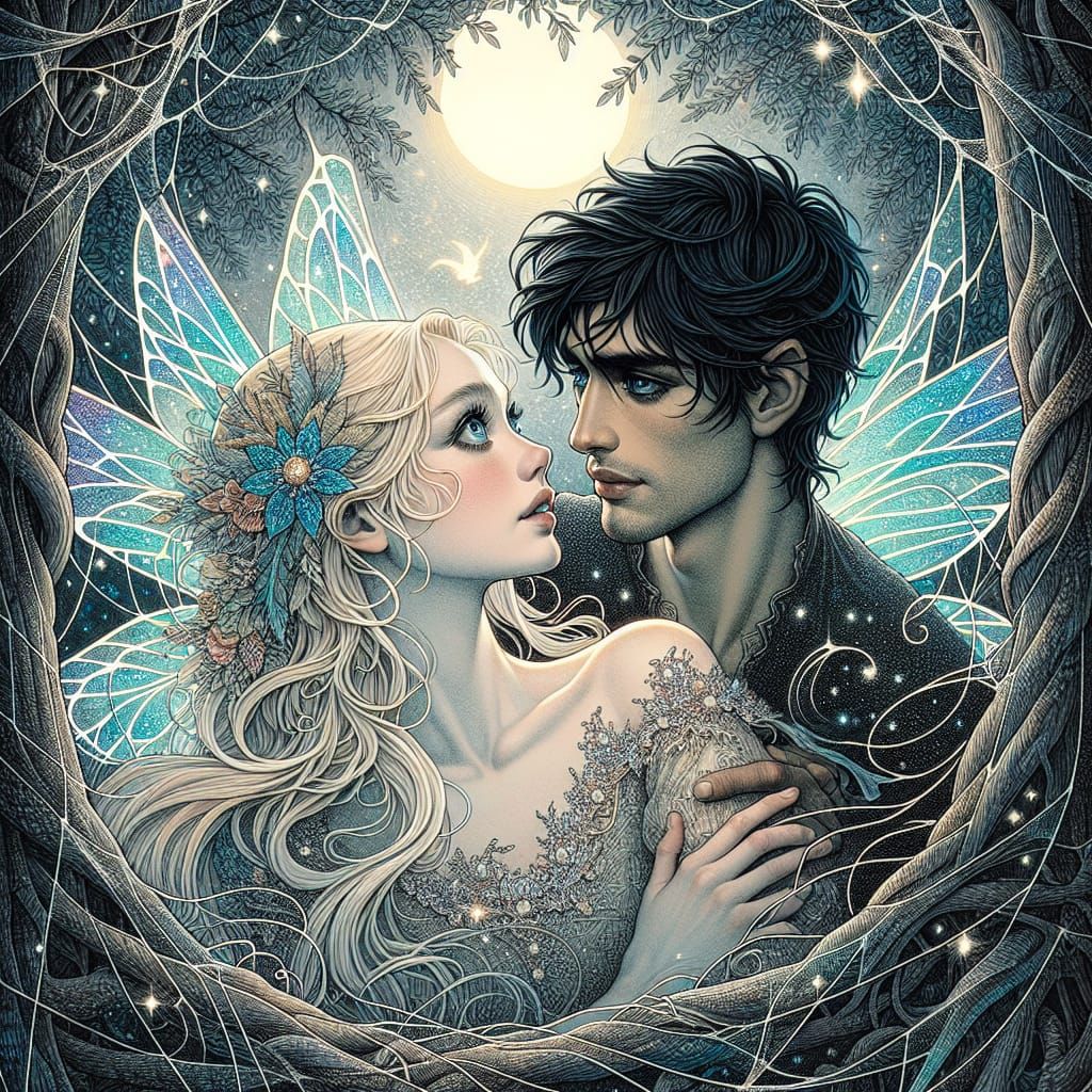 Romantic Fairycore Illustration: Man and Woman Embrace