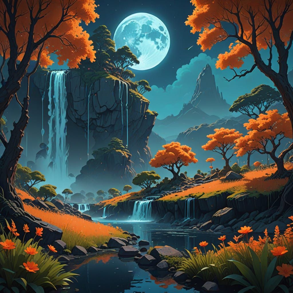 8bit Digital Garden Under Moonlit Waterfall