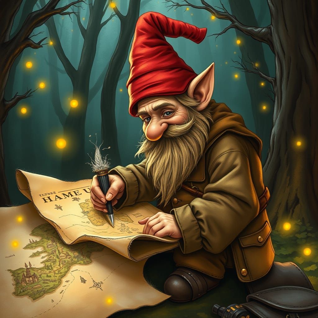 Gnome Cartographer Maps Enchanted Forest, Fantasy Art