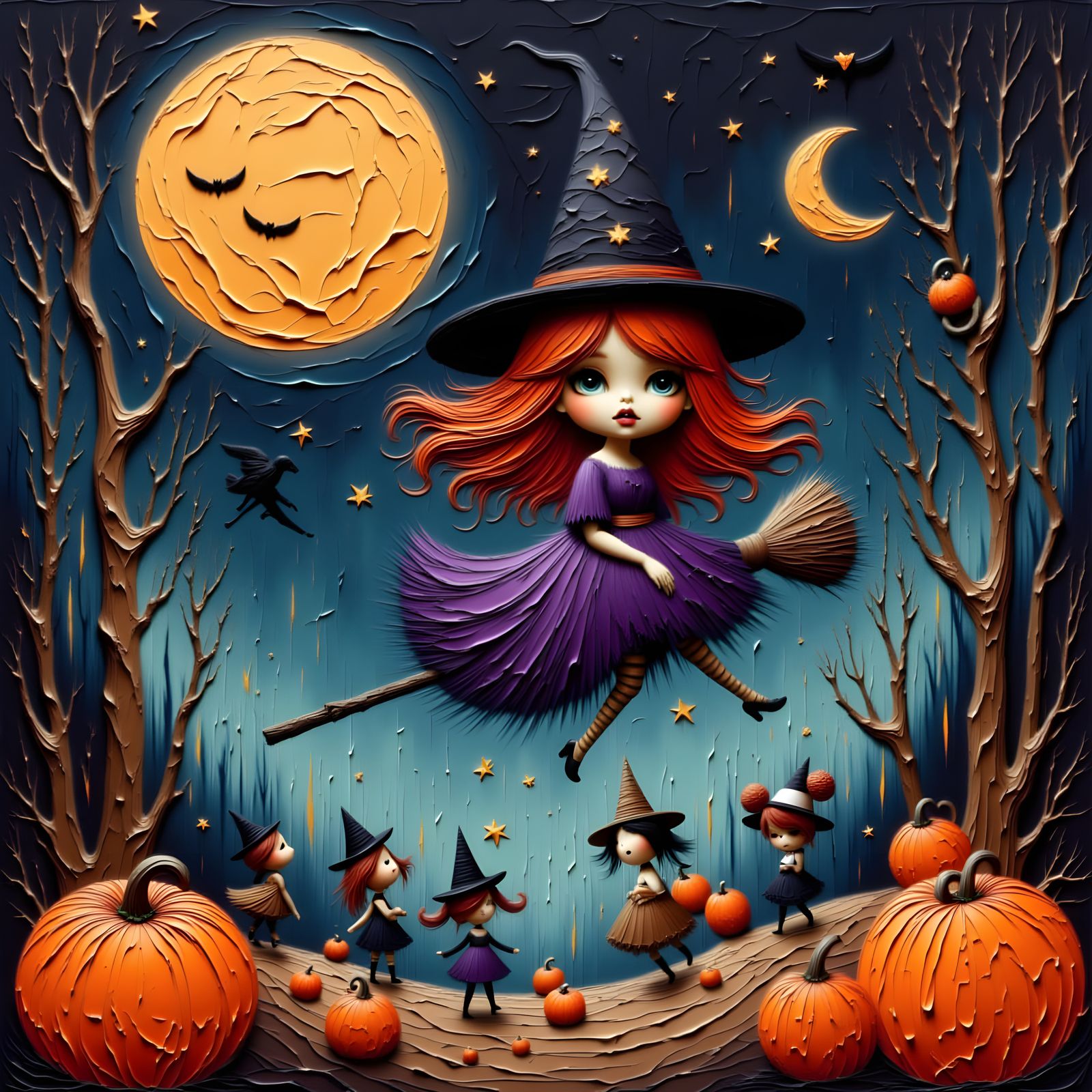 Whimsical Witch Flies Past Bright Moon on Halloween Night