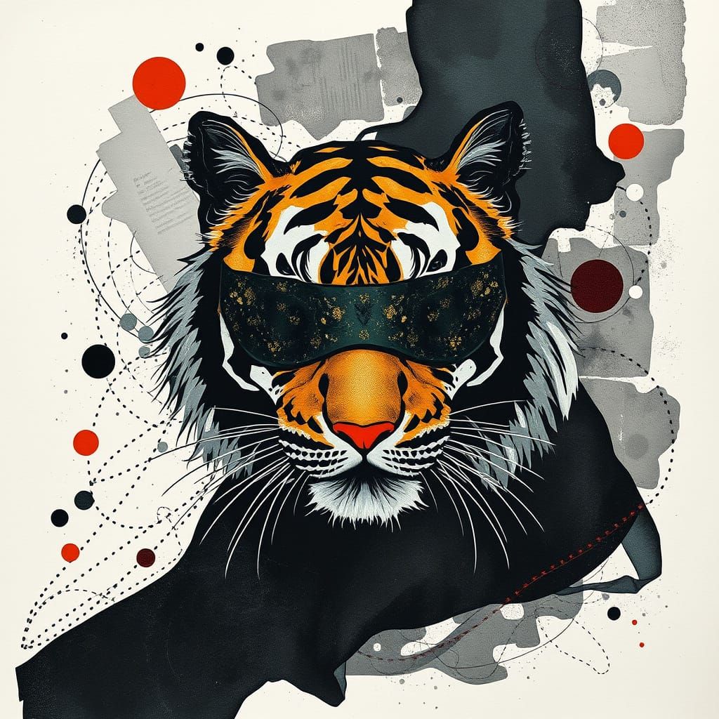 Surreal Tiger Wears Mask in Dark Constructivist Scene