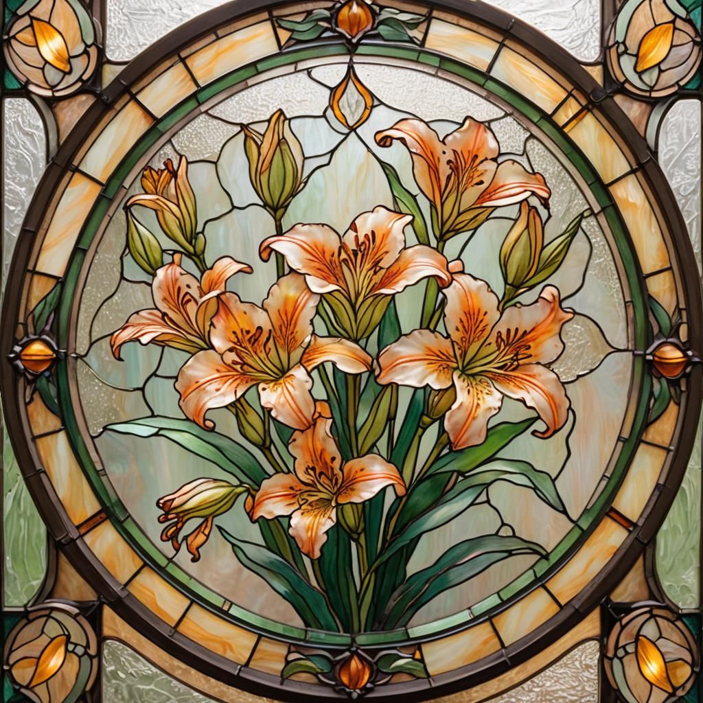 Traditional-Stained glass art, medium shot. Small, vibrant o...