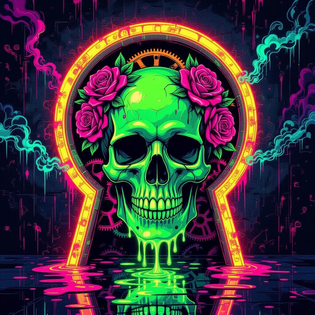 Neon Skull Through Keyhole, Graffiti Art Style