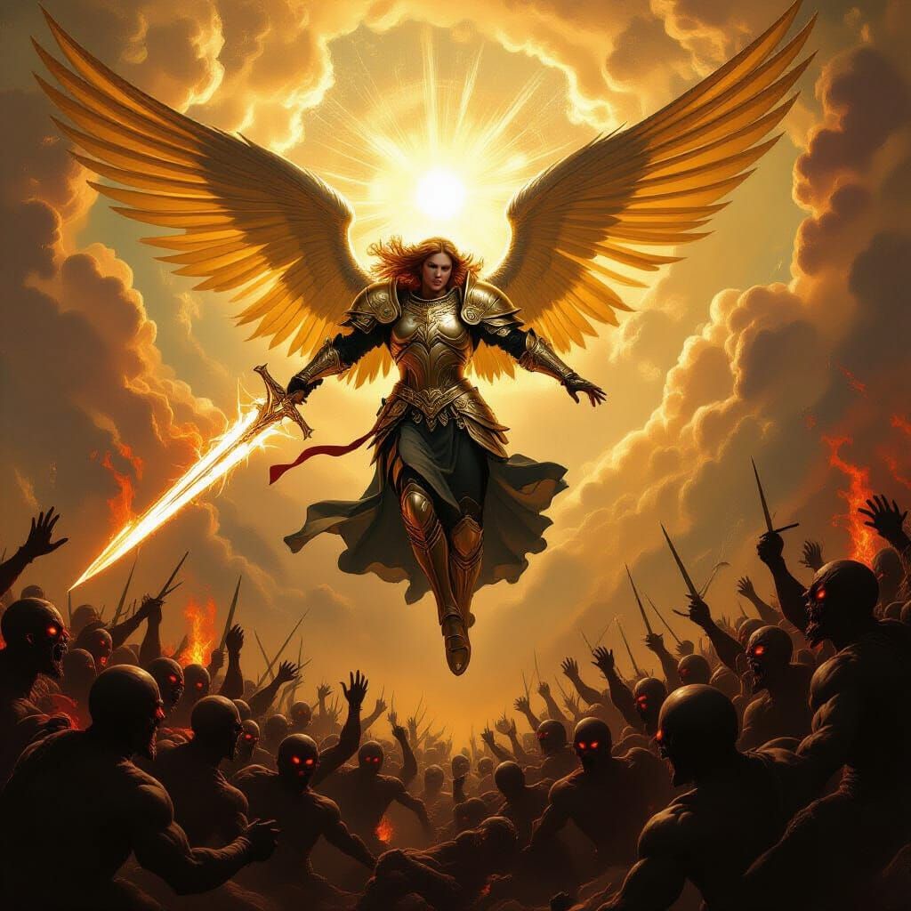 Archangel Descends in Celestial Armor, Wielding Radiant Swor...