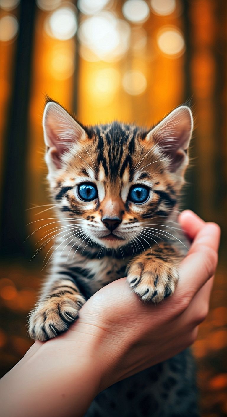 Baby Black Bengal Kitten in Autumn Forest with Blue Eyes