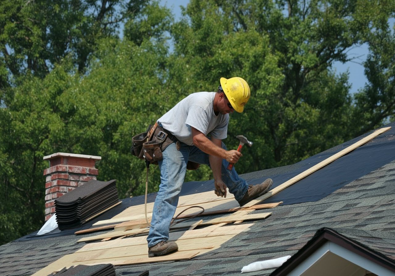 Roofer Hammering Shingles in Realistic Style
