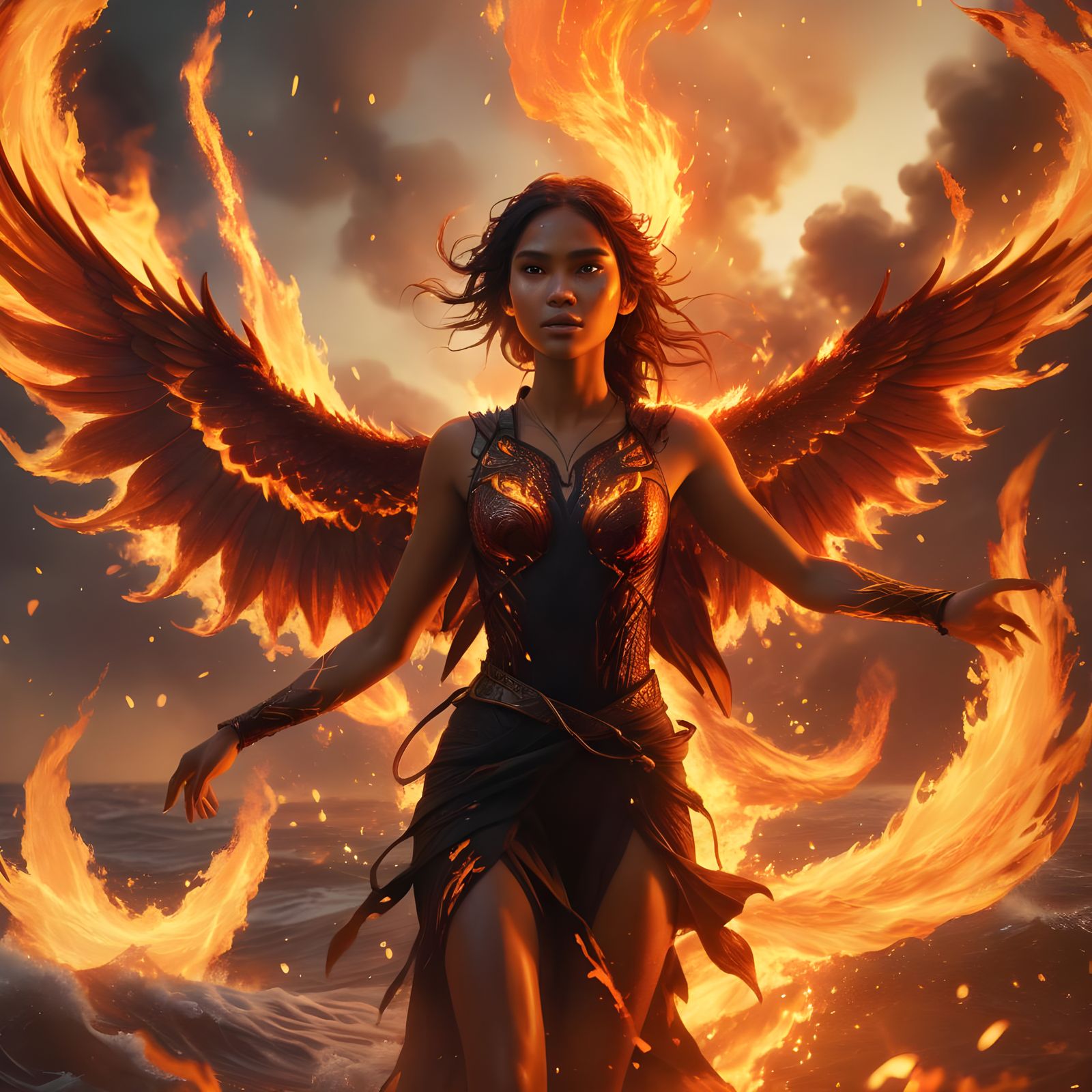 Fiery Winged Girl in Hyperrealistic Detail