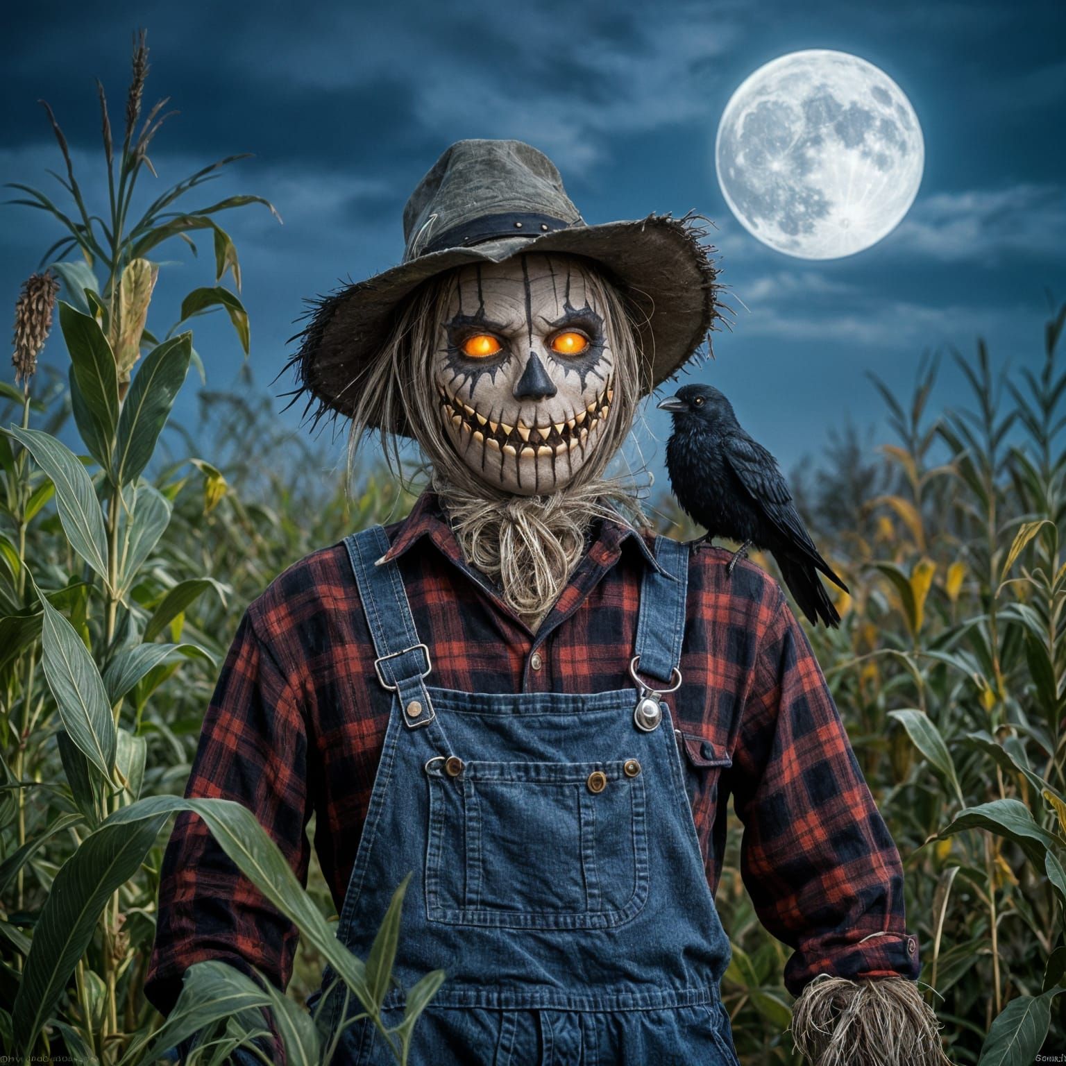 Hyperrealistic Halloween Scarecrow in Moonlit Cornfield