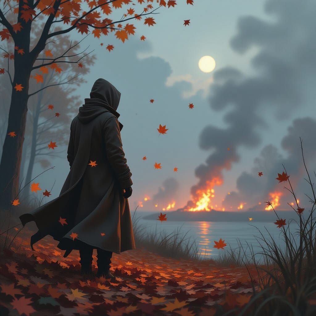 Mystical Figure Amidst Autumnal Dusk Fires