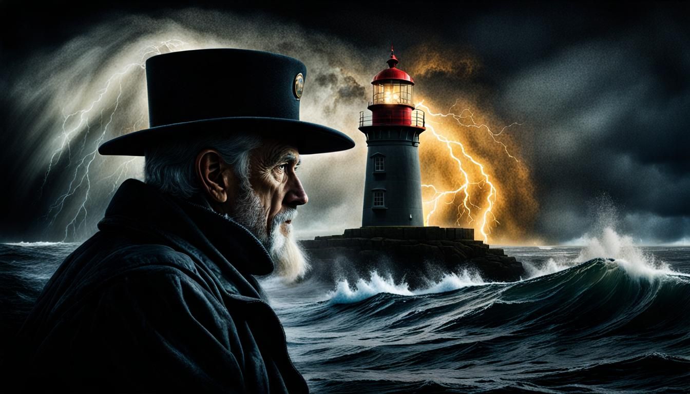 Lighthouse Keeper in Storm: Chalk Art Double Exposure