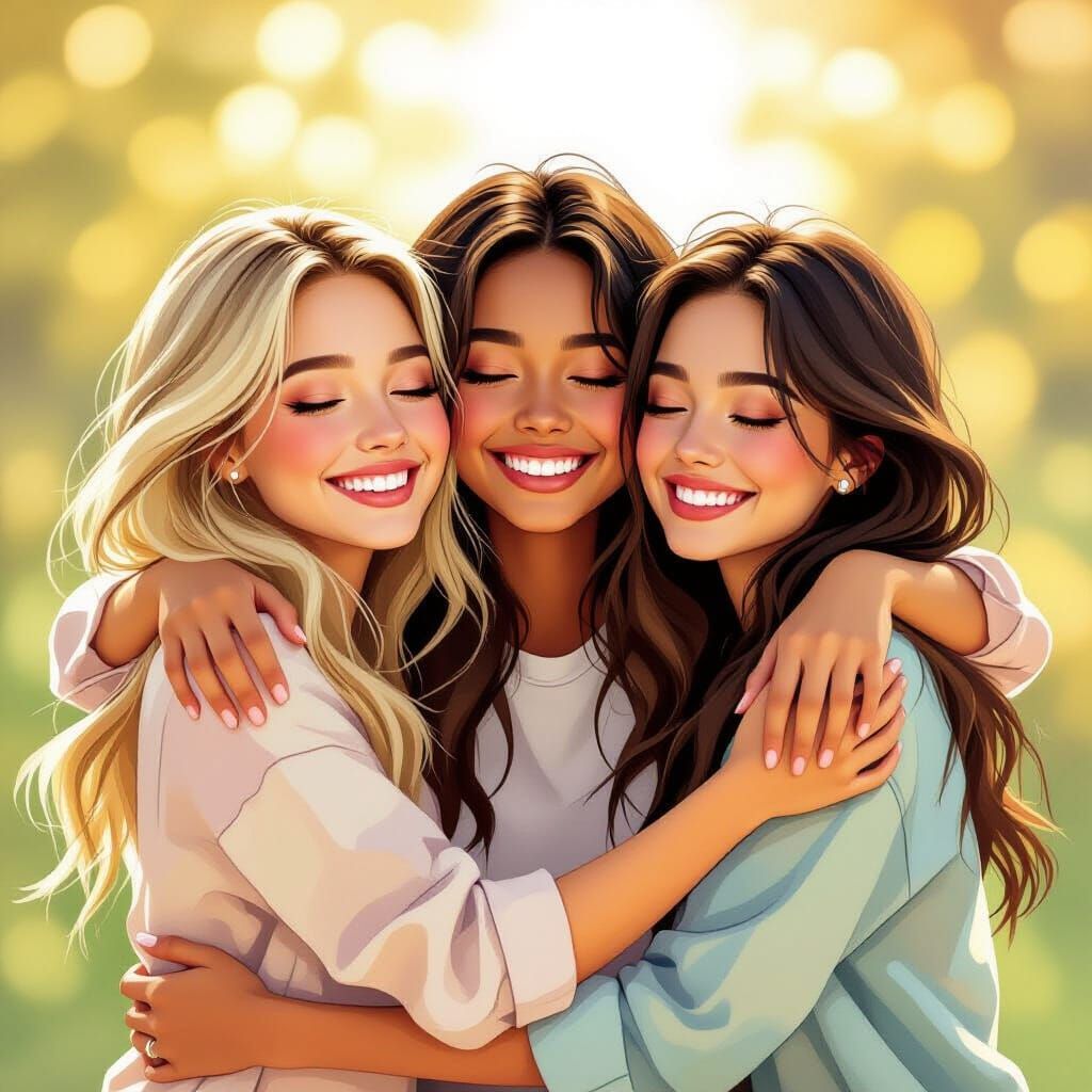 Three Friends Hugging in Golden Hour Light