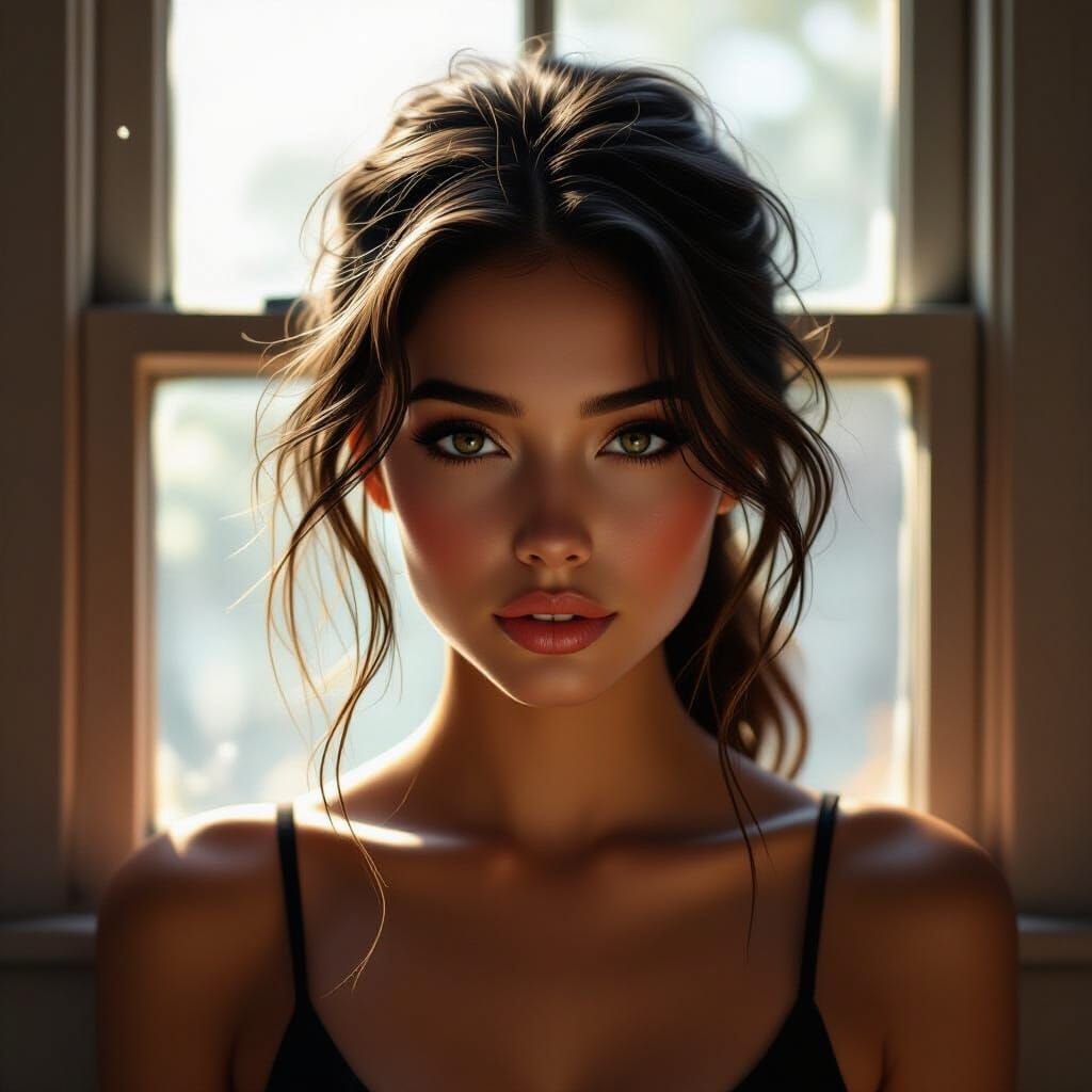 Dark Silhouette of Girl by Sunlit Window