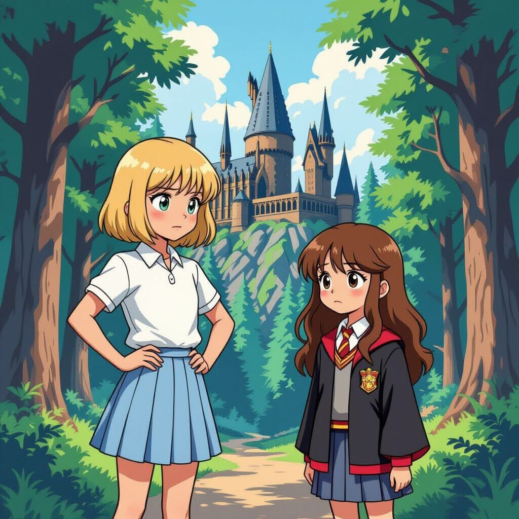 Anime-Style Girls with Harry Potter in Forest