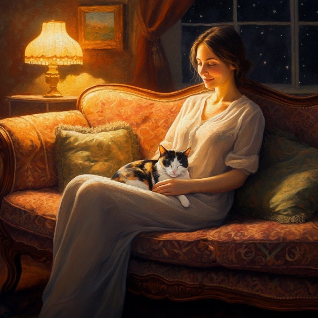 Serene Woman with Gentle Tortoiseshell Cat in Whimsical Moon...