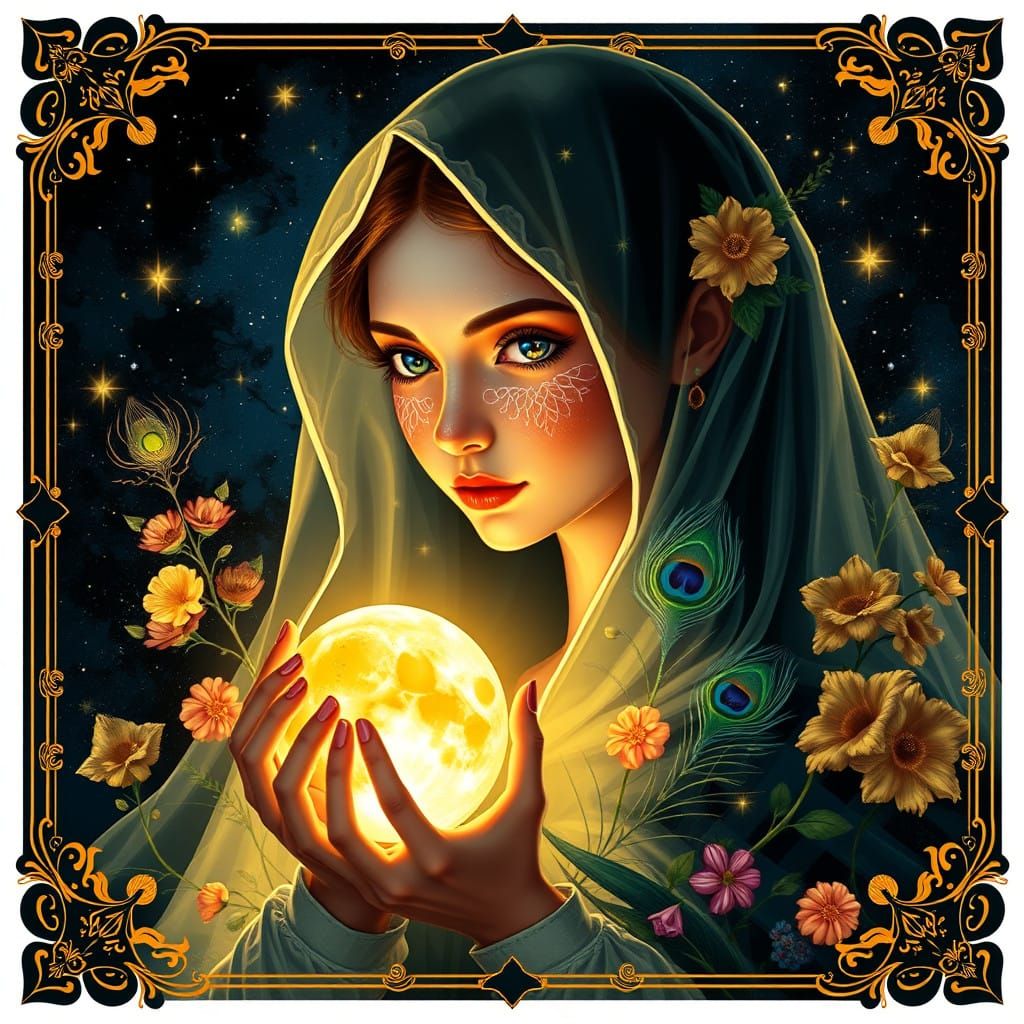 Mythical Girl Embracing Lunar Whimsy in Vibrant Art Deco Sty...