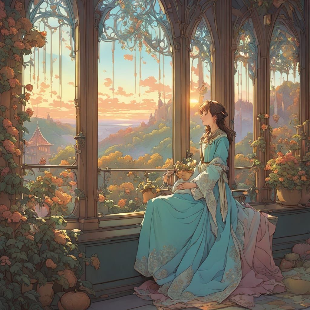 A Young Boy in a Beautiful Medieval Scene at Dawn