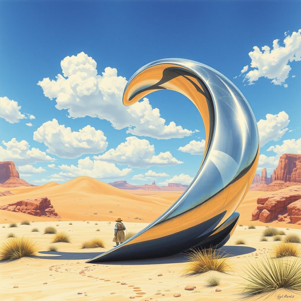 Futuristic Steel Sculpture in Desert, Colored Pencil Style