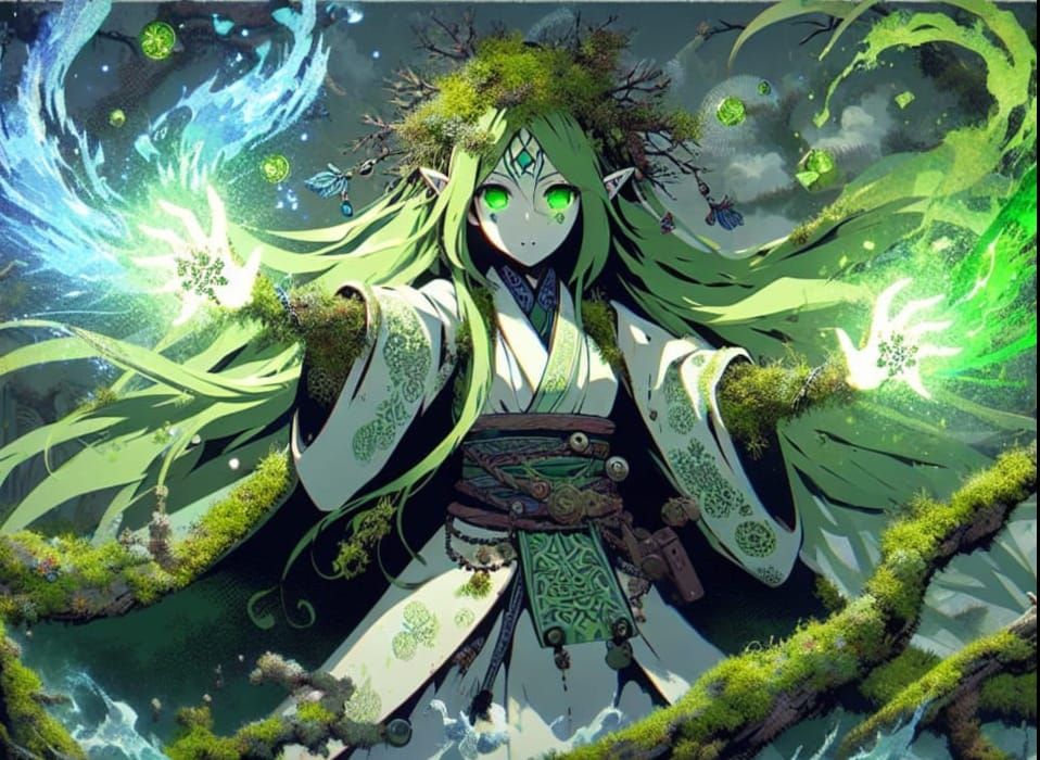 Anime Dryad Launches Elemental Attack in Matte Painting