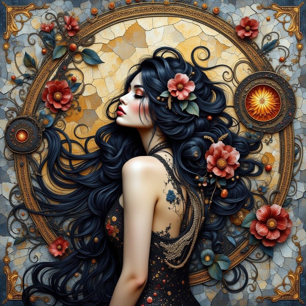 Art Nouveau Floral Siren with Moon Background