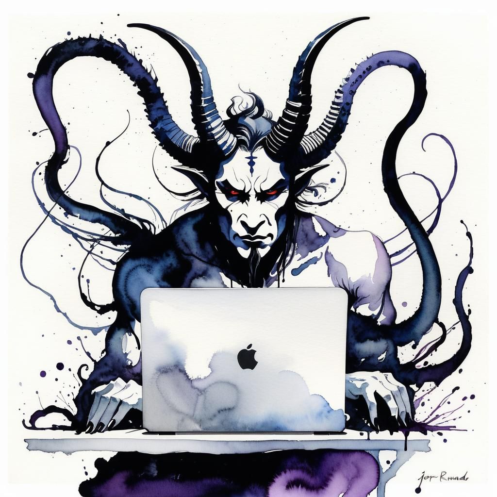 Demons Working on Computers in Neo-Expressionist Ink Art